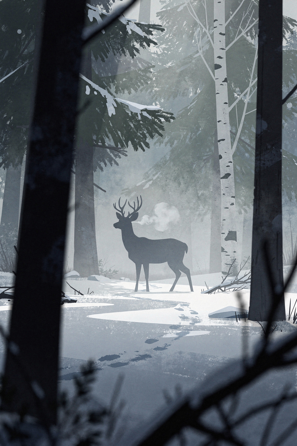 A deer in the snowy woods