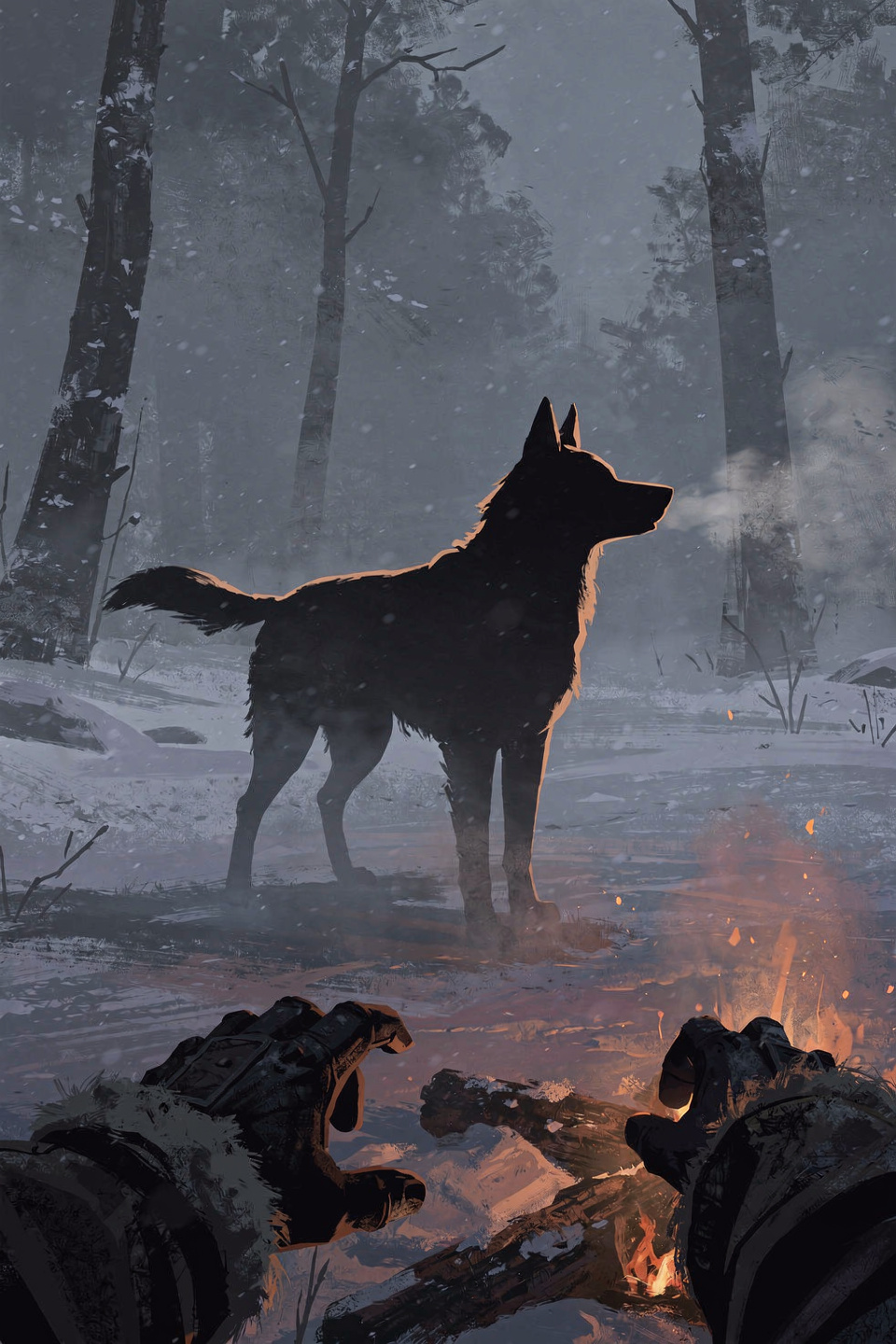 Kodiak by the fire in the snow